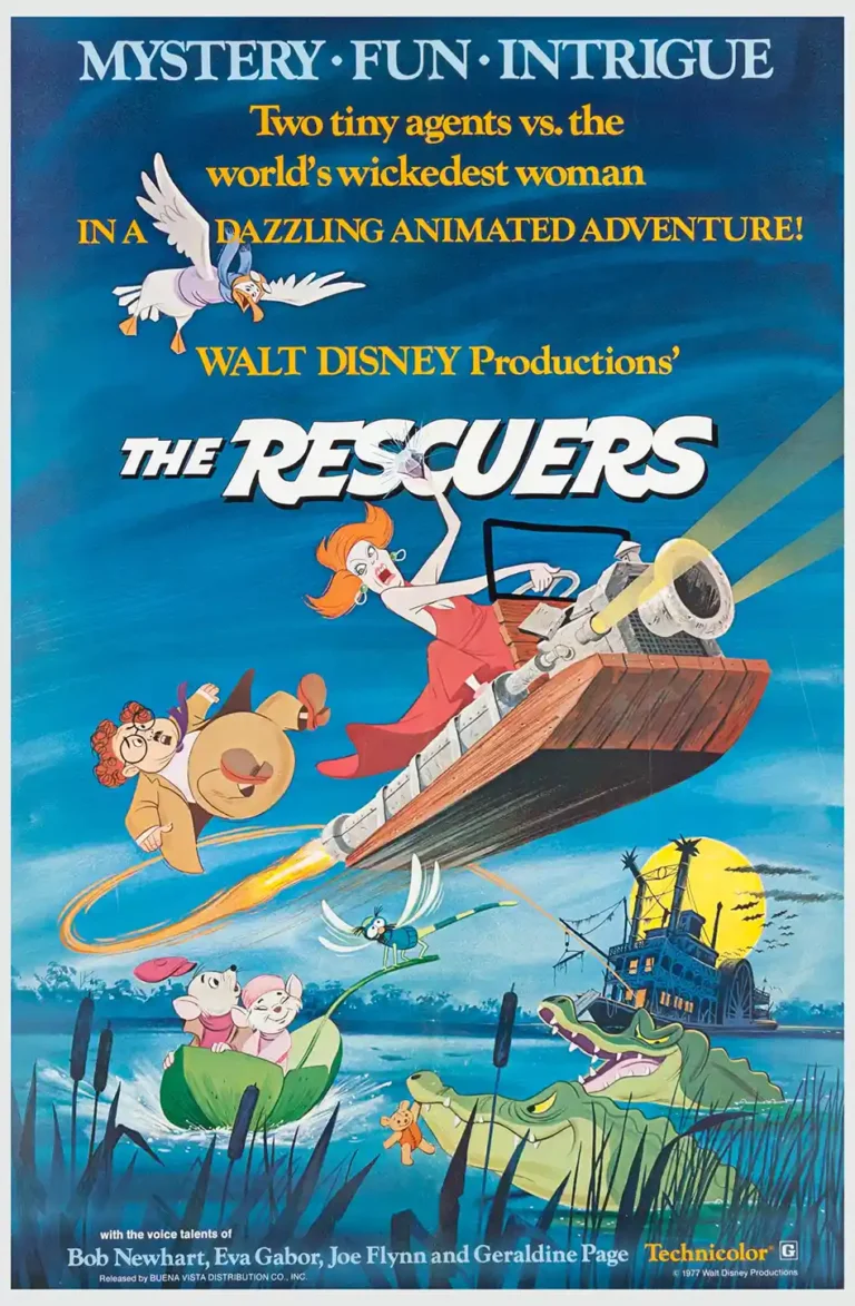The Rescuers Disney movie poster featuring Madame Medusa chasing Bernard and Miss Bianca in a rocket boat over the swamp.