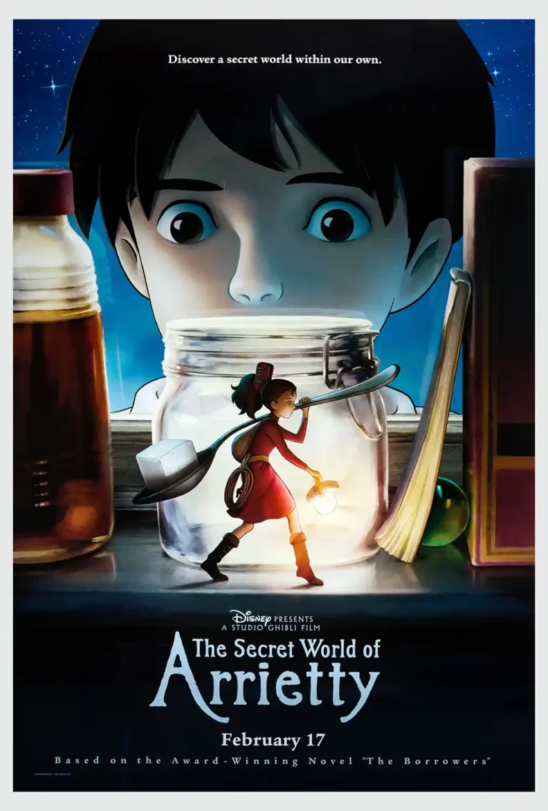 The Secret World of Arrietty Studio Ghibli movie poster featuring tiny Arrietty carrying a sugar cube under Sho's watchful gaze.
