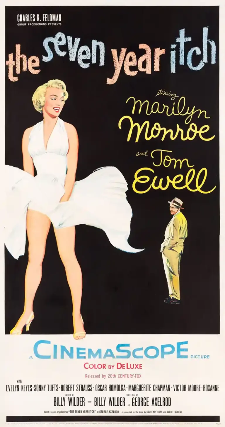 The Seven Year Itch Movie poster featuring Marilyn Monroe in the iconic white halter dress standing over a subway grate while a man watches.