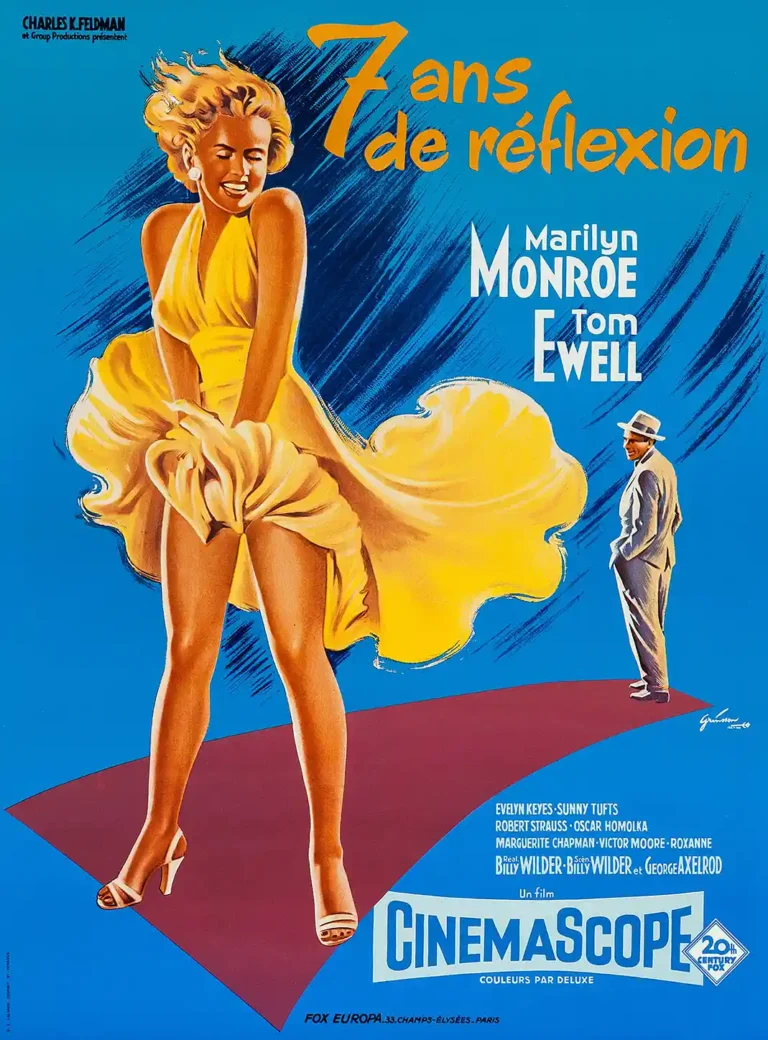 The Seven Year Itch Movie poster featuring a large, smiling illustration of Marilyn Monroe in a yellow dress blown upward by wind.