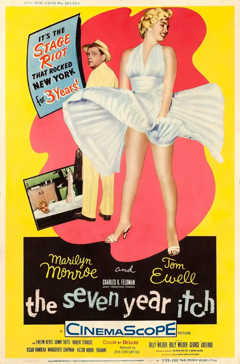 The Seven Year Itch Movie poster featuring Marilyn Monroe in the famous white dress billowing over a subway grate, alongside Tom Ewell.