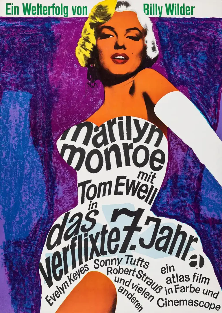 Marilyn Monroe The Seven Year Itch Movie poster featuring a bold, highly stylized portrait of Monroe with the film title forming her white dress against a textured purple background.