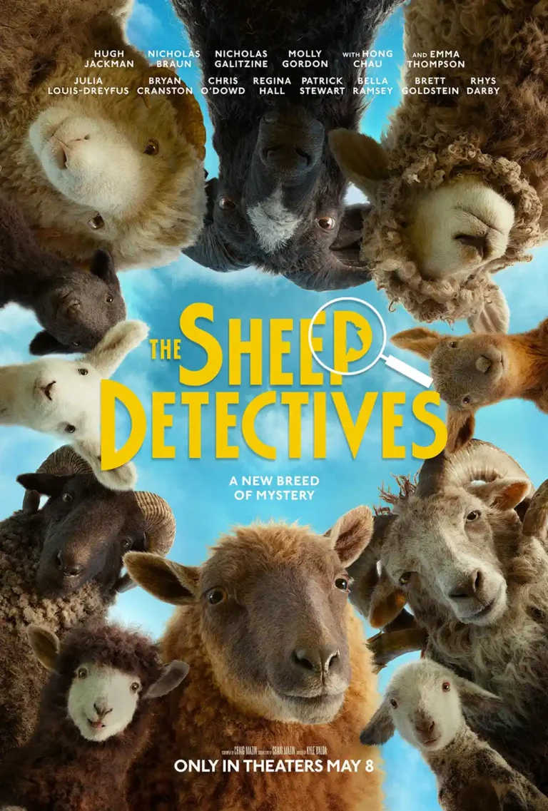 The Sheep Detectives Movie poster featuring a circle of various sheep and lambs looking down at the title against a bright blue sky background.