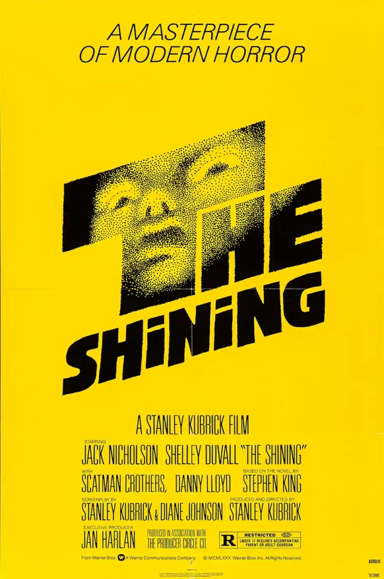 The Shining Movie poster featuring Jack Nicholson's stippled face emerging from the title logo on a bright yellow background.