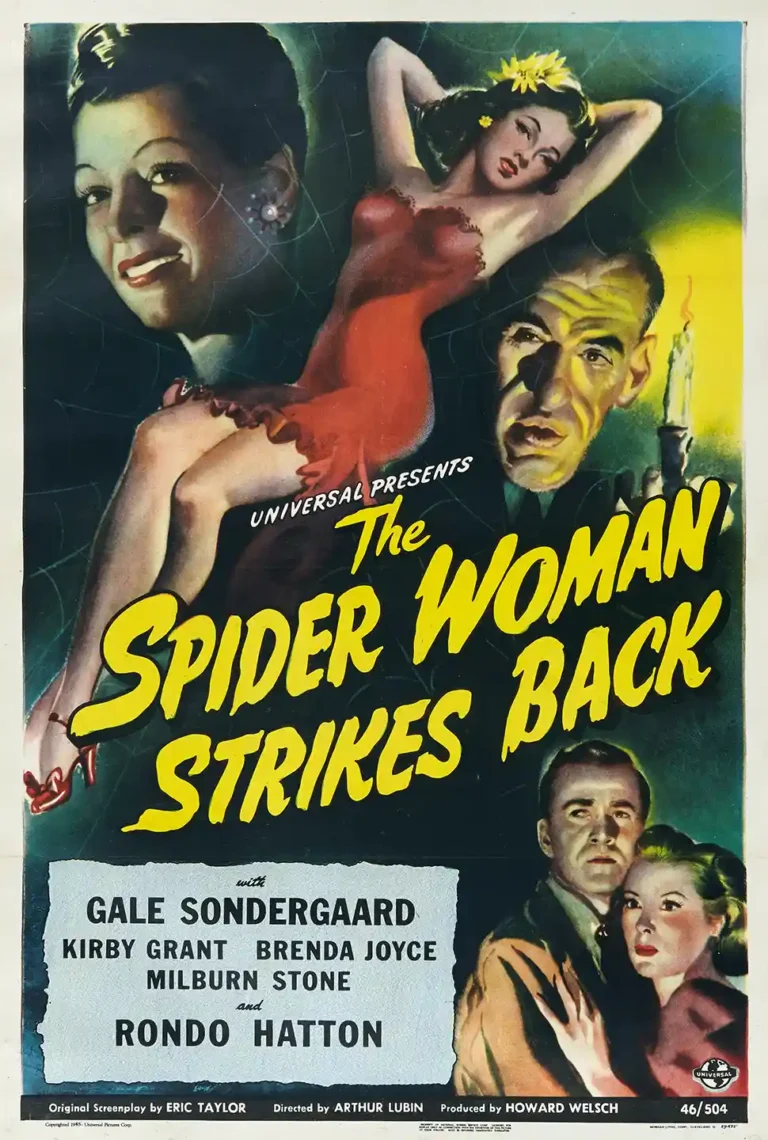 The Spider Woman Strikes Back 1946 Movie poster featuring Gale Sondergaard, dramatic chiaroscuro lighting, and bold yellow title text.