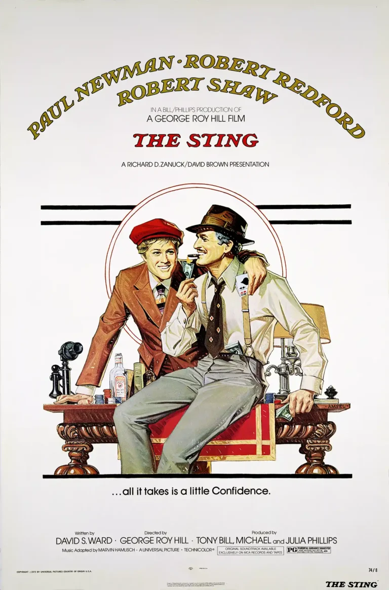 The Sting classic movie poster featuring an illustrated portrait of Paul Newman and Robert Redford in 1930s suits and hats.