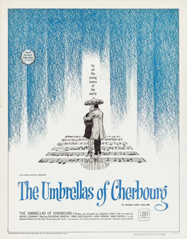 The Umbrellas of Cherbourg Movie poster featuring a couple sharing an umbrella standing on sheet music under blue stylized rain.
