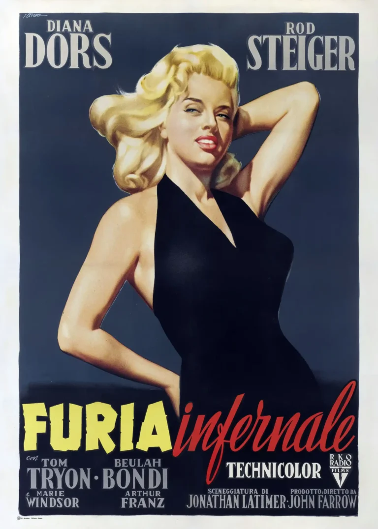 The Unholy Wife 1957 Italian (Furia Infernale) Movie poster featuring Diana Dors in a provocative black halter dress and blonde bombshell style.