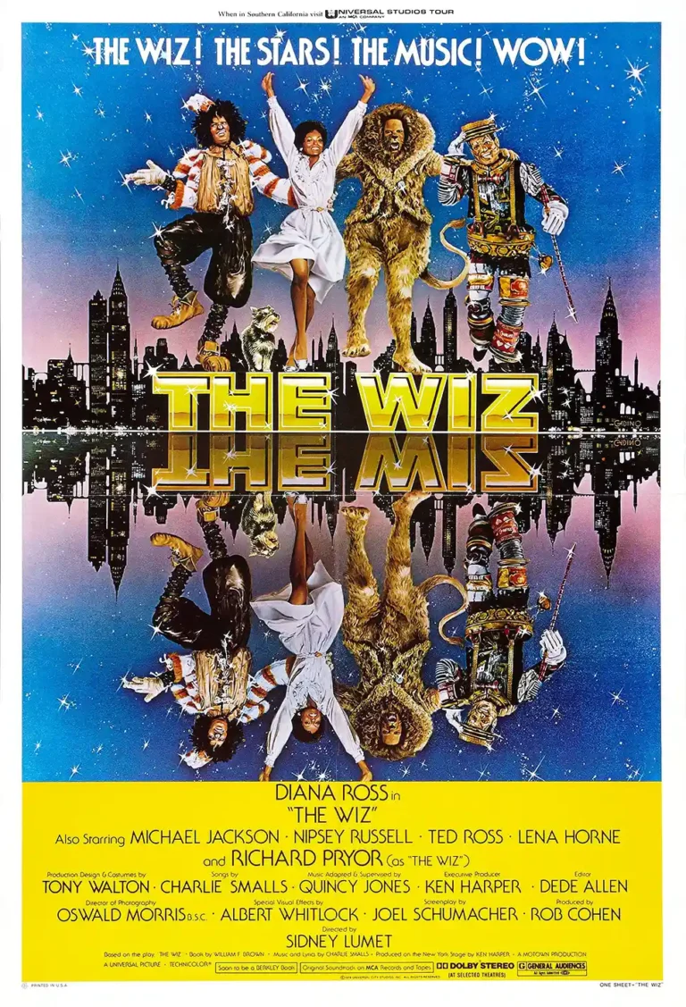 The Wiz 1978 Movie Poster featuring Diana Ross, Michael Jackson, Ted Ross, and Nipsey Russell floating above the mirrored New York City skyline.