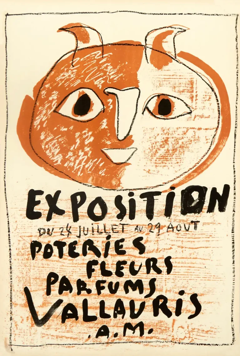 Pablo Picasso Art Poster, the Third Vallauris Exhibition print featuring a stylized orange and white owl head illustration with French typography.