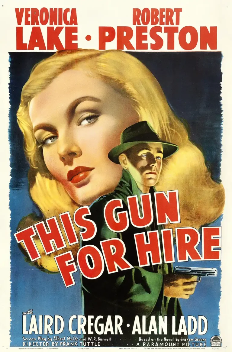 "This Gun for Hire" classic Film Noir movie poster featuring a large, dramatic portrait of Veronica Lake and a shadowed Alan Ladd holding a gun.