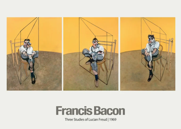Francis Bacon Art poster featuring the triptych "Three Studies of Lucian Freud," showing a distorted figure seated against a bright yellow background in 1969.