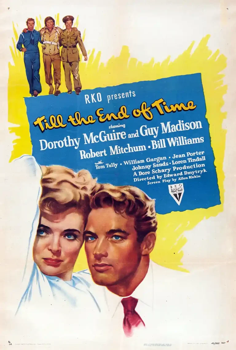 Till the End of Time Movie Poster featuring a colorful vintage illustration of Dorothy McGuire and Guy Madison, alongside three returning WWII veterans.