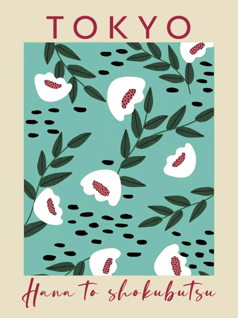 Tokyo travel poster featuring a maximalist floral pattern, large white and pink stylized blooms, and dark leaves on a striking teal backdrop.