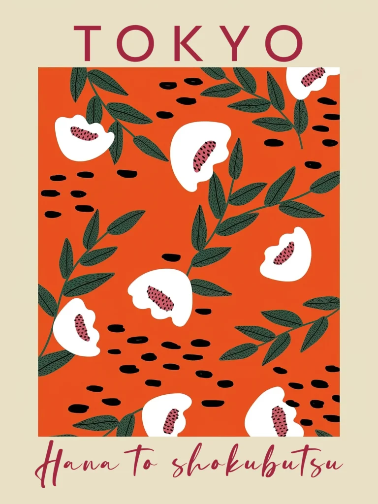 Tokyo Japanese Botanical Art poster featuring a vibrant orange background with abstract white flowers and dark green foliage.