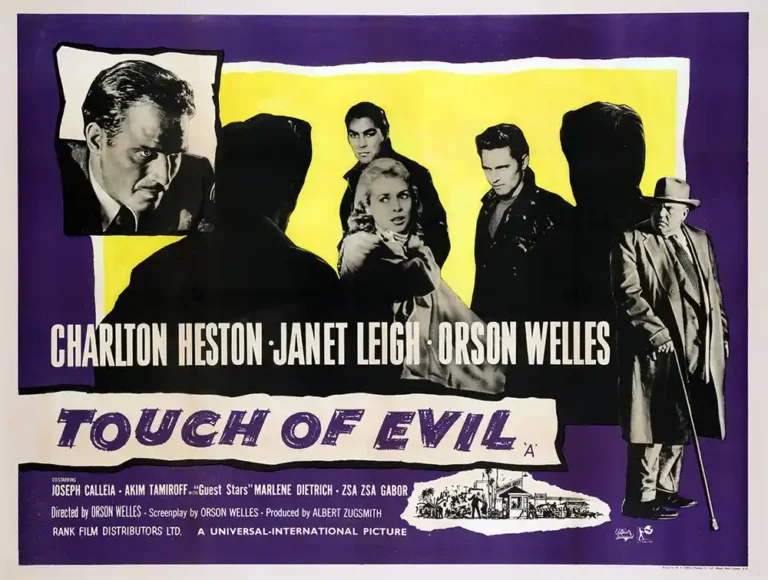 Touch of Evil 1958 film noir poster featuring Charlton Heston, Janet Leigh, and Orson Welles in the striking British Quad design.