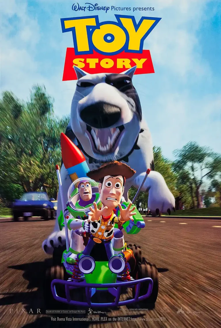 Toy Story Movie poster featuring Woody and Buzz Lightyear frantically riding a remote control car while being chased by Scud.