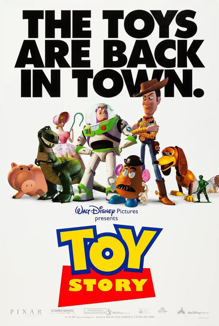 Toy Story movie poster featuring the main cast: Woody, Buzz Lightyear, Rex, Hamm, and Mr. Potato Head on a minimalist white background.
