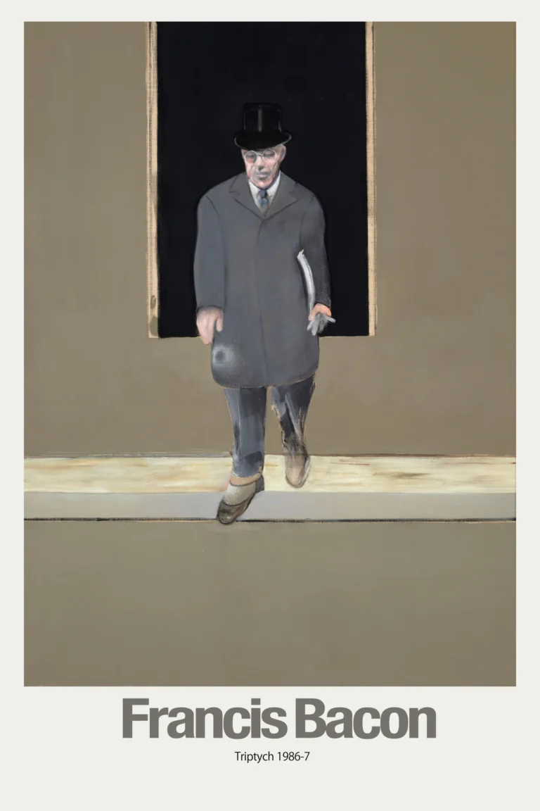 Francis Bacon modern art poster featuring a distorted figure of a man in a black coat and top hat against a dark rectangle, Triptych 1986-7 artwork.