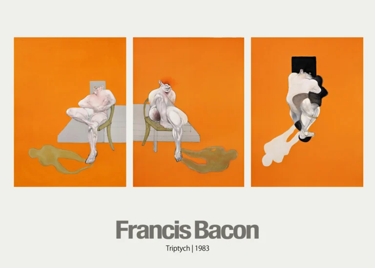 Francis Bacon Art poster featuring the Triptych 1983, a three-panel painting with abstracted figures against a bright orange background.