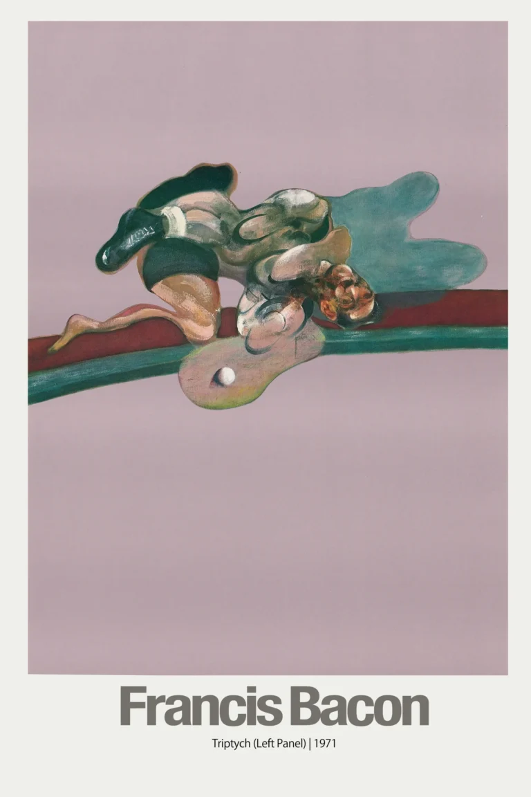 Francis Bacon Abstract Art poster featuring the distorted figure study from the Triptych (Left Panel) 1971 painting, set against a mauve background.