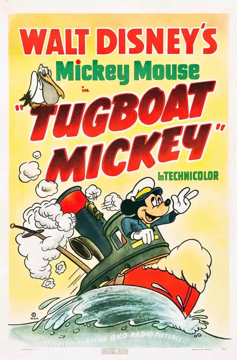 Walt Disney's Tugboat Mickey short film poster featuring Mickey Mouse as a captain steering a steam-powered tugboat with a pelican flying above.