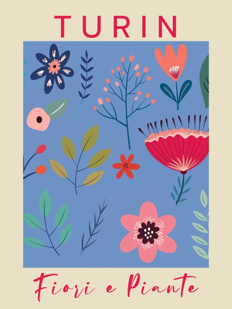 Turin Fiori e Piante Art Poster featuring bright, stylized botanical elements and vibrant flowers on a blue background in a retro illustration style.