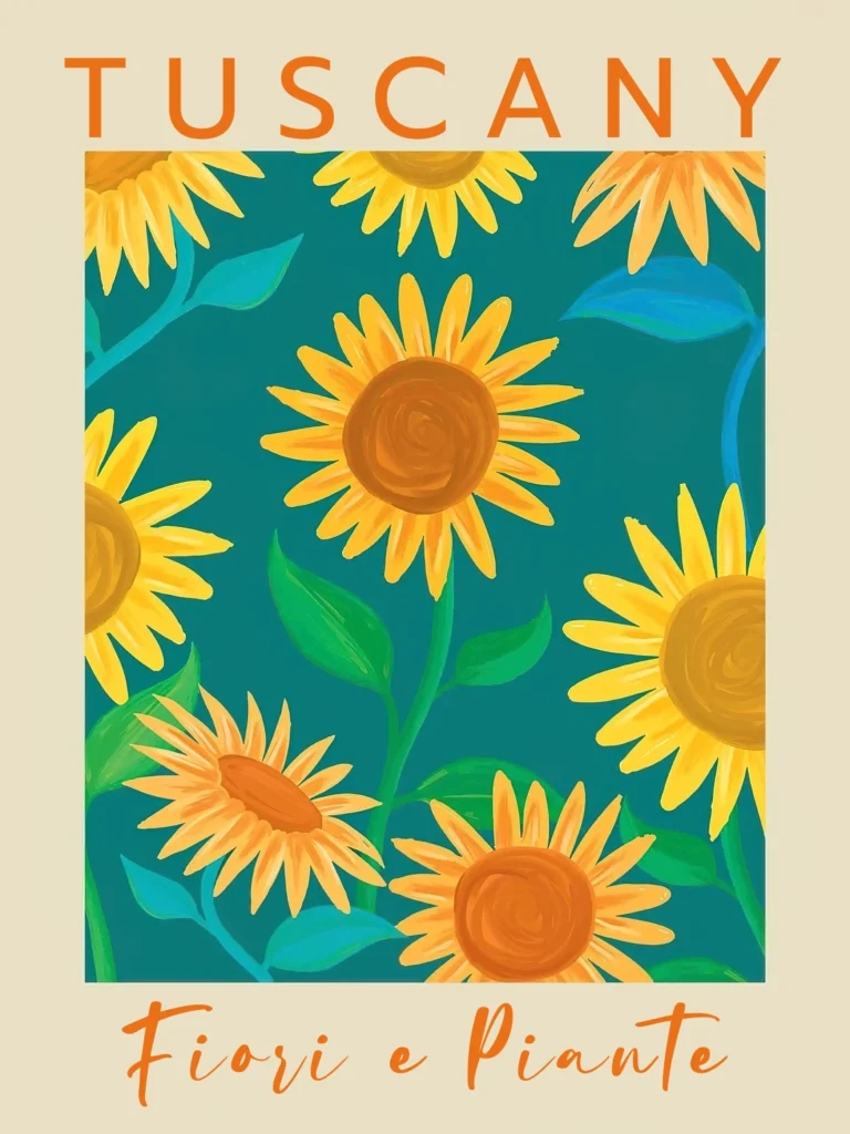 Tuscany travel botanical poster featuring bright yellow and orange sunflowers against a deep teal background with retro typography.