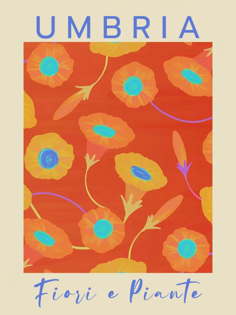 Umbria Fiori e Piante Italian travel art poster featuring a vibrant, abstract orange and yellow floral pattern on a rich terracotta red background in a vintage style.