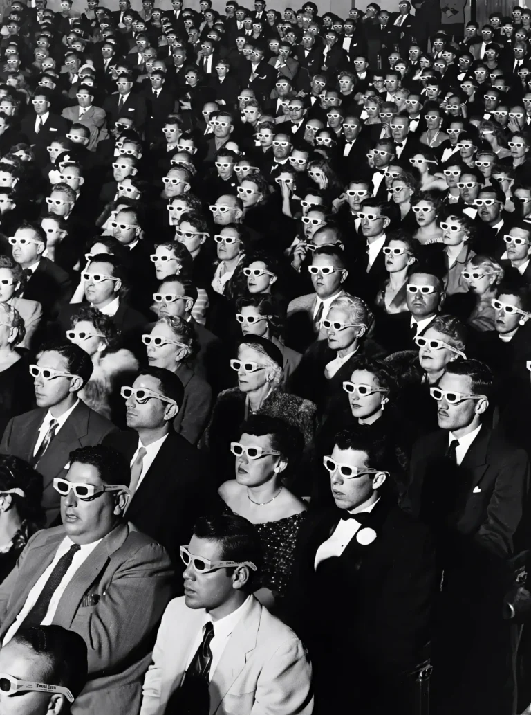 Vintage 3D Cinema Audience Art poster featuring a black and white photograph of a large crowd wearing classic 3D glasses.