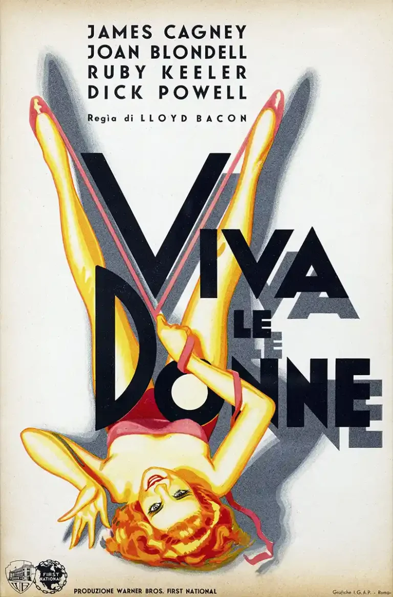 Footlight Parade 1933 Italian movie poster featuring a glamorous dancer upside down with bold "Viva Le Donne" Art Deco typography.