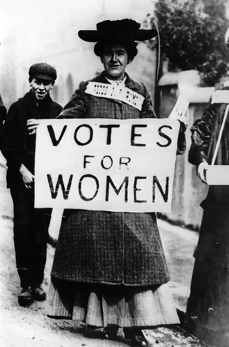 Women's Suffrage Movement historical poster featuring a suffragette holding a 'Votes for Women' sign.