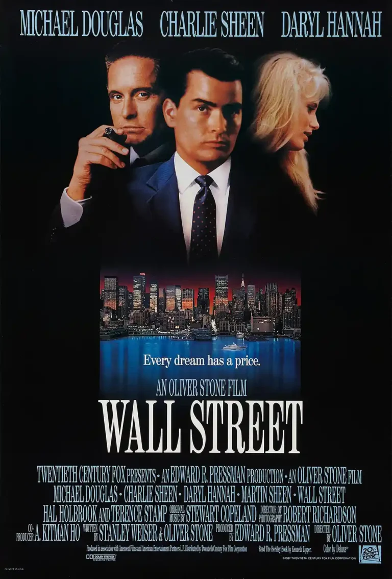 Wall Street (1987) movie poster featuring Michael Douglas (Gekko), Charlie Sheen, Daryl Hannah, and the New York City skyline at night.