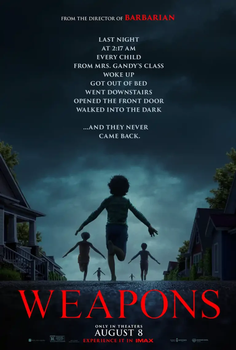 Weapons Horror Movie Poster featuring silhouettes of children running down a suburban street at night under a cloudy, stormy blue and gray sky.