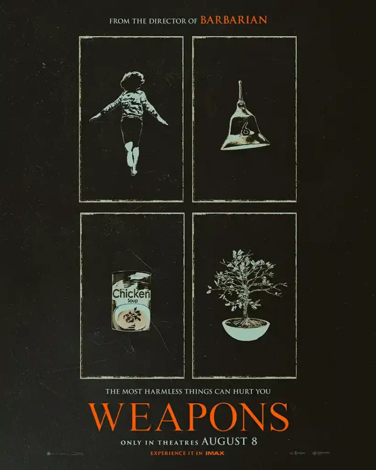 Weapons Movie poster featuring a minimalist four-panel design showing a levitating child, a bell, chicken soup, and a bonsai tree on a dark background.