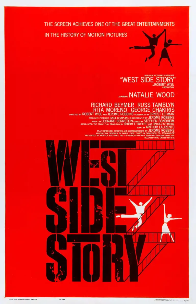 West Side Story 1961 Movie poster featuring bold black distressed title typography and white dancers silhouetted against a bright red background on fire escapes.