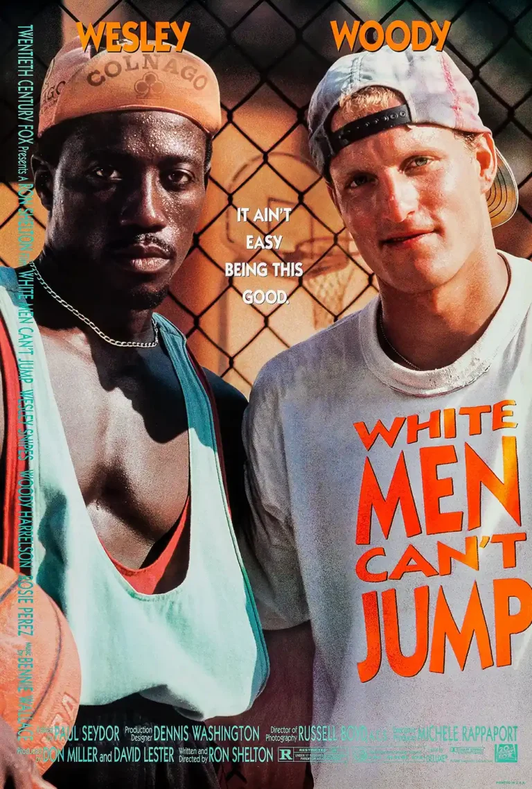 White Men Can't Jump Movie Poster featuring Wesley Snipes and Woody Harrelson standing on a sunny street basketball court.