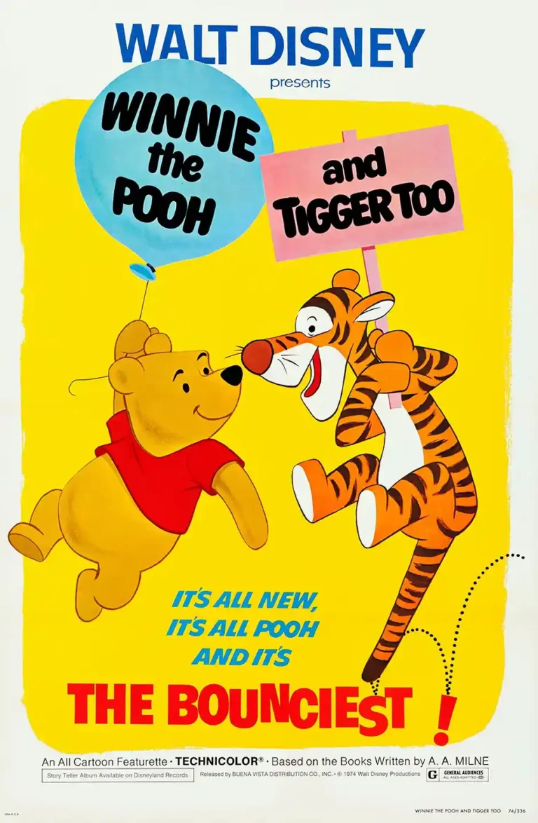 Vintage Winnie the Pooh and Tigger Too movie poster from 1974, featuring Pooh, Tigger bouncing, and a bright yellow retro design.