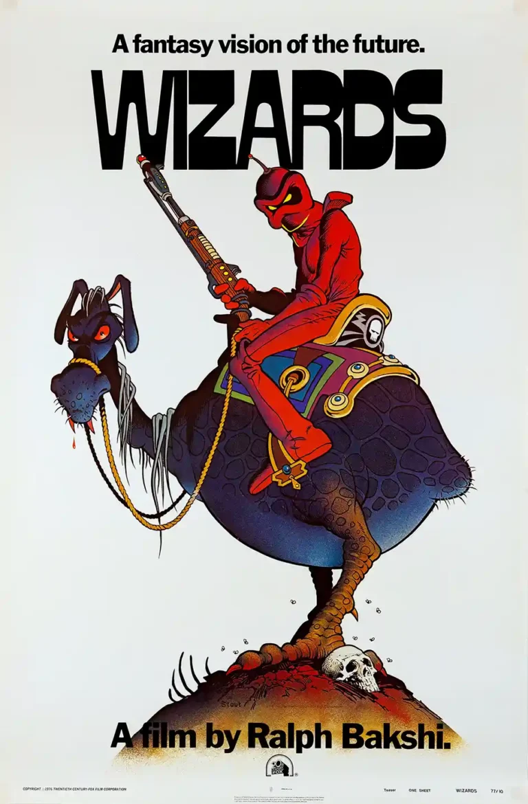 Wizards (1977) animated movie poster featuring a red armored warrior riding a monstrous, dog-like war beast with a rifle.