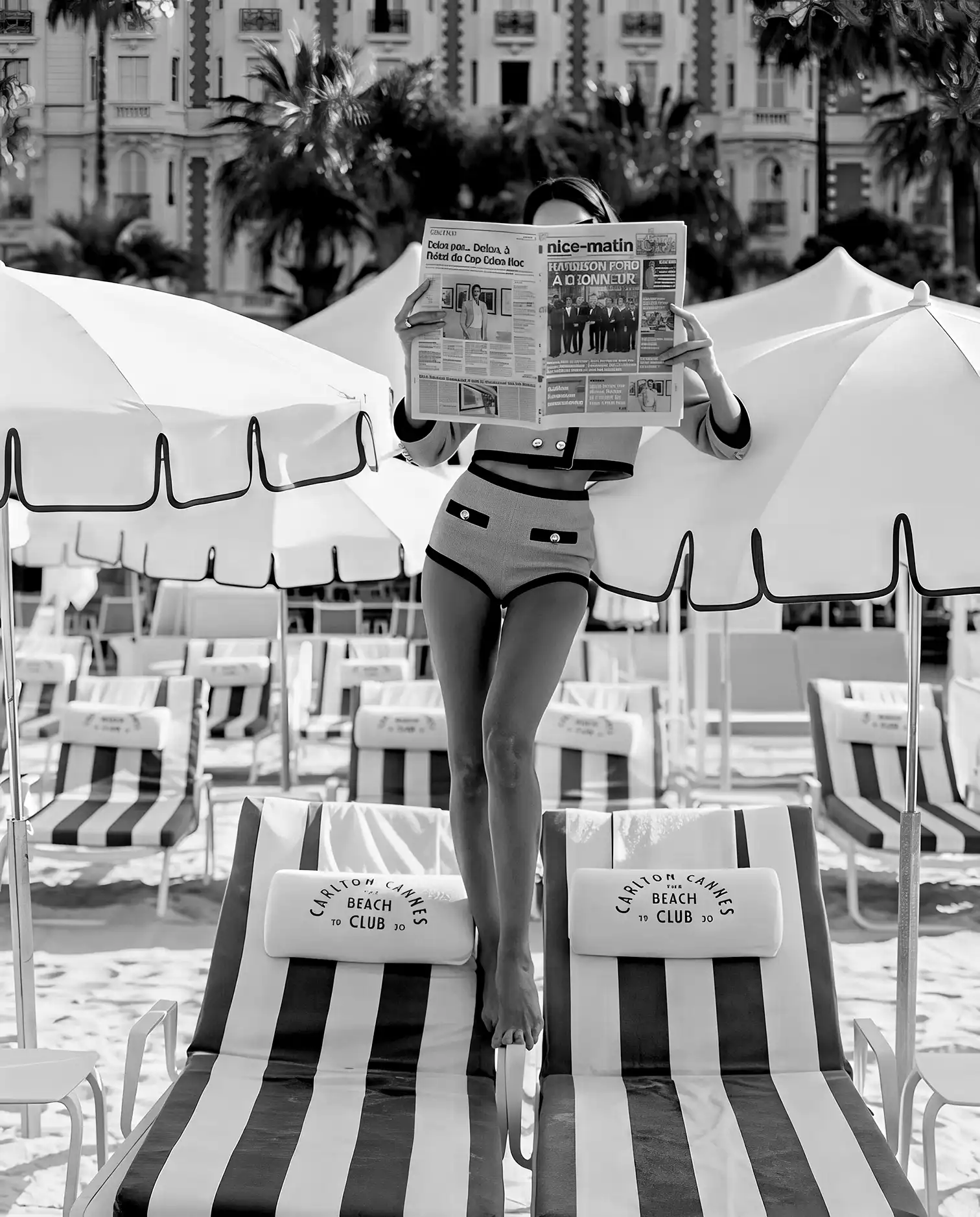 Woman Reading Newspaper | Art Poster | B&W Vintage Beach Scene