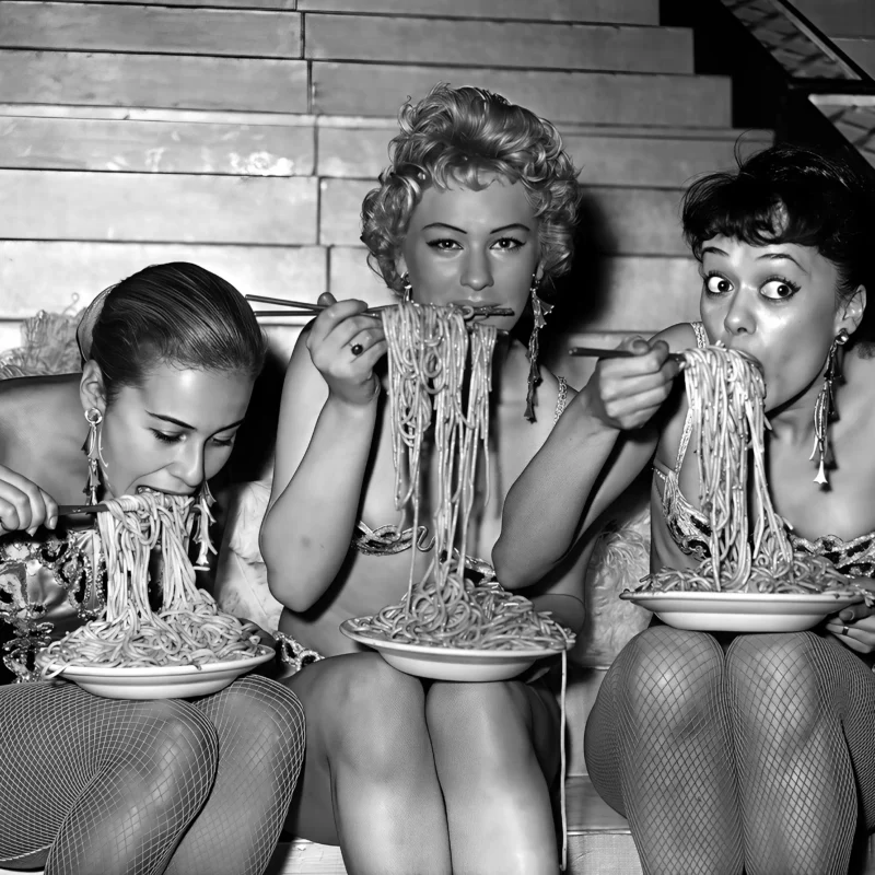 Women Eating Spaghetti Print — Vintage Black And White Food Photography Print Of A Woman Twirling Pasta, Mid-Century Italian Documentary Style