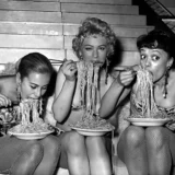 Women Eating Spaghetti Vintage Black and White Photography Print
