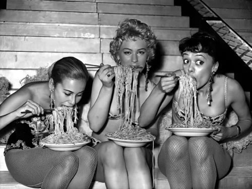 Women Eating Spaghetti Vintage Black and White Photography Print