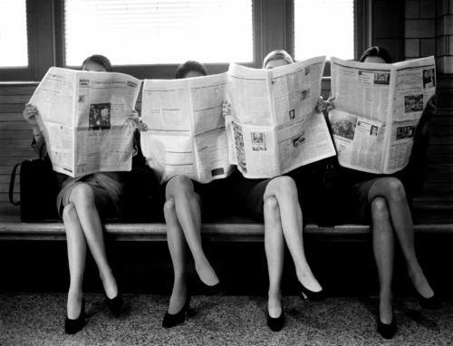 Women Reading Newspaper Black and White Vintage Photography Print