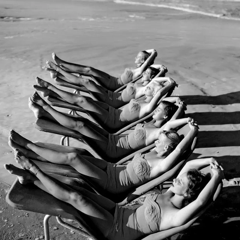 Vintage Photography Print Of Women Sunbathing In Retro Swimsuits On A Beach
