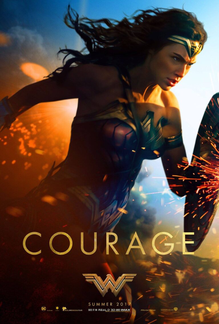 Wonder Woman DC Movie poster featuring Gal Gadot in armor, holding a shield, illuminated by battle sparks and dramatic lighting.