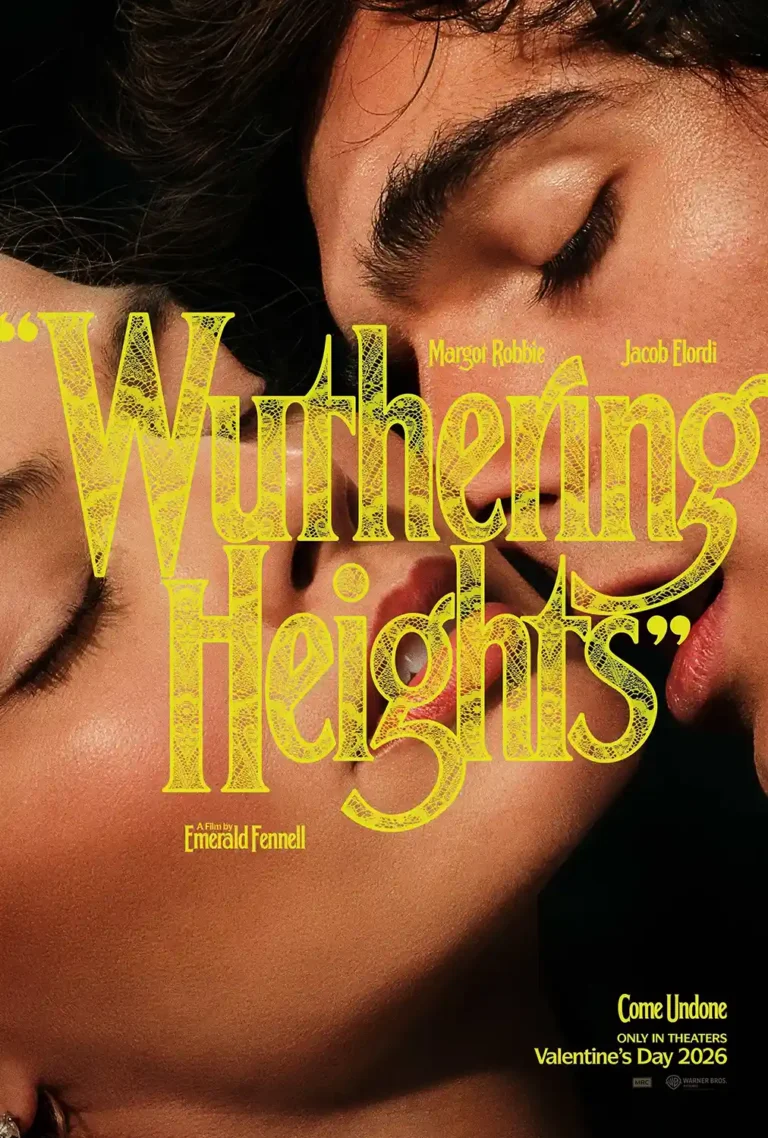 Wuthering Heights 2026 movie poster featuring an intimate close-up of two faces and bold yellow lace typography.