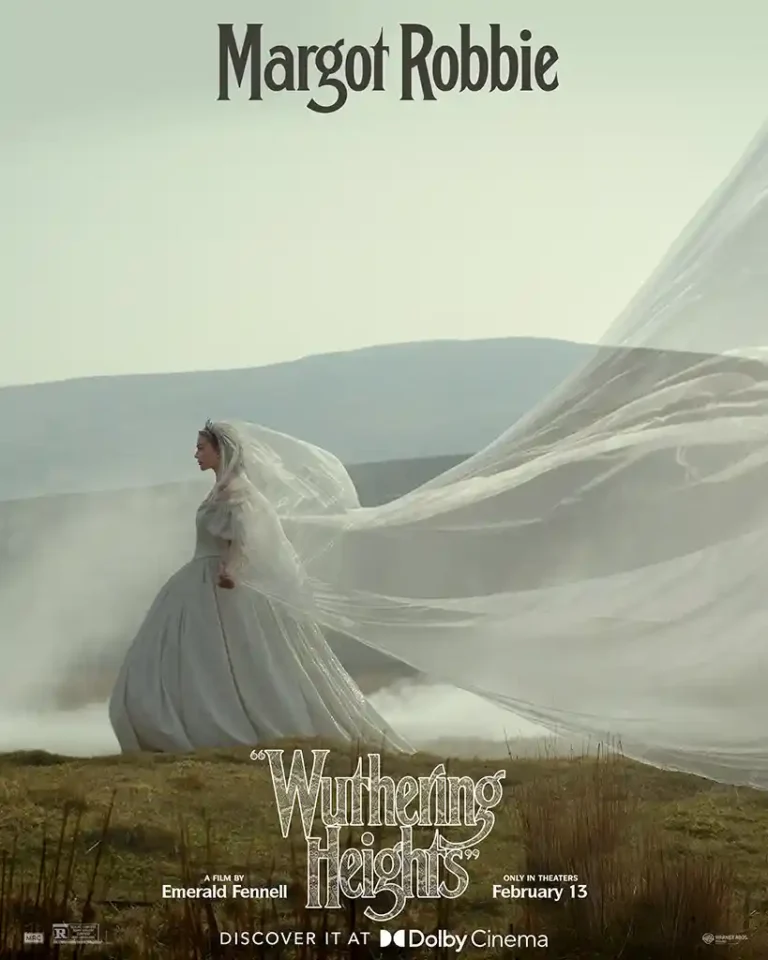 Wuthering Heights movie poster featuring Margot Robbie as Catherine in a sweeping white bridal gown standing dramatically on the wind-swept moors.
