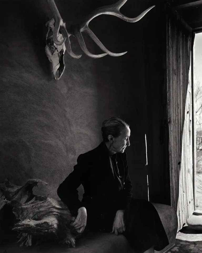 Georgia O'Keeffe Art photography poster by Yousuf Karsh, featuring the artist seated next to large antlers in dramatic black and white.