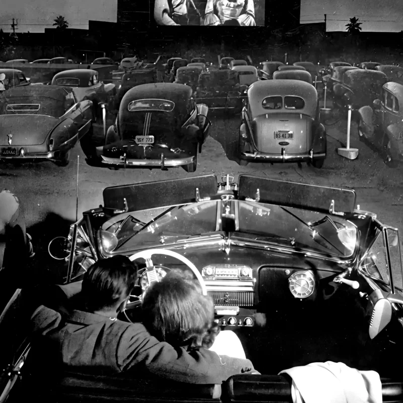 Drive-In Cinema Print — Vintage Young Couple Watching A Movie At A 1950S Americana Outdoor Theater, Black And White Photography Print